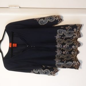 V Christina Navy blue tunic round neck top with embroidered lace detail